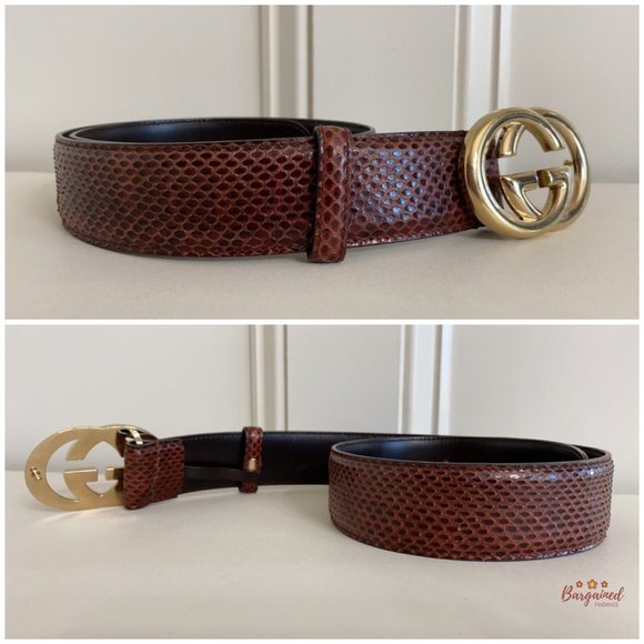 Authentic Gucci Maroon Python Leather Gold Interlocking G Buckle Belt Size 75/30 - Picture 11 of 13